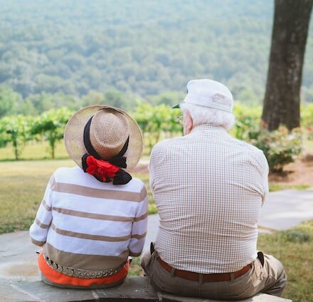 Two senior citizens sitting next to each other and gazing at a field and forest